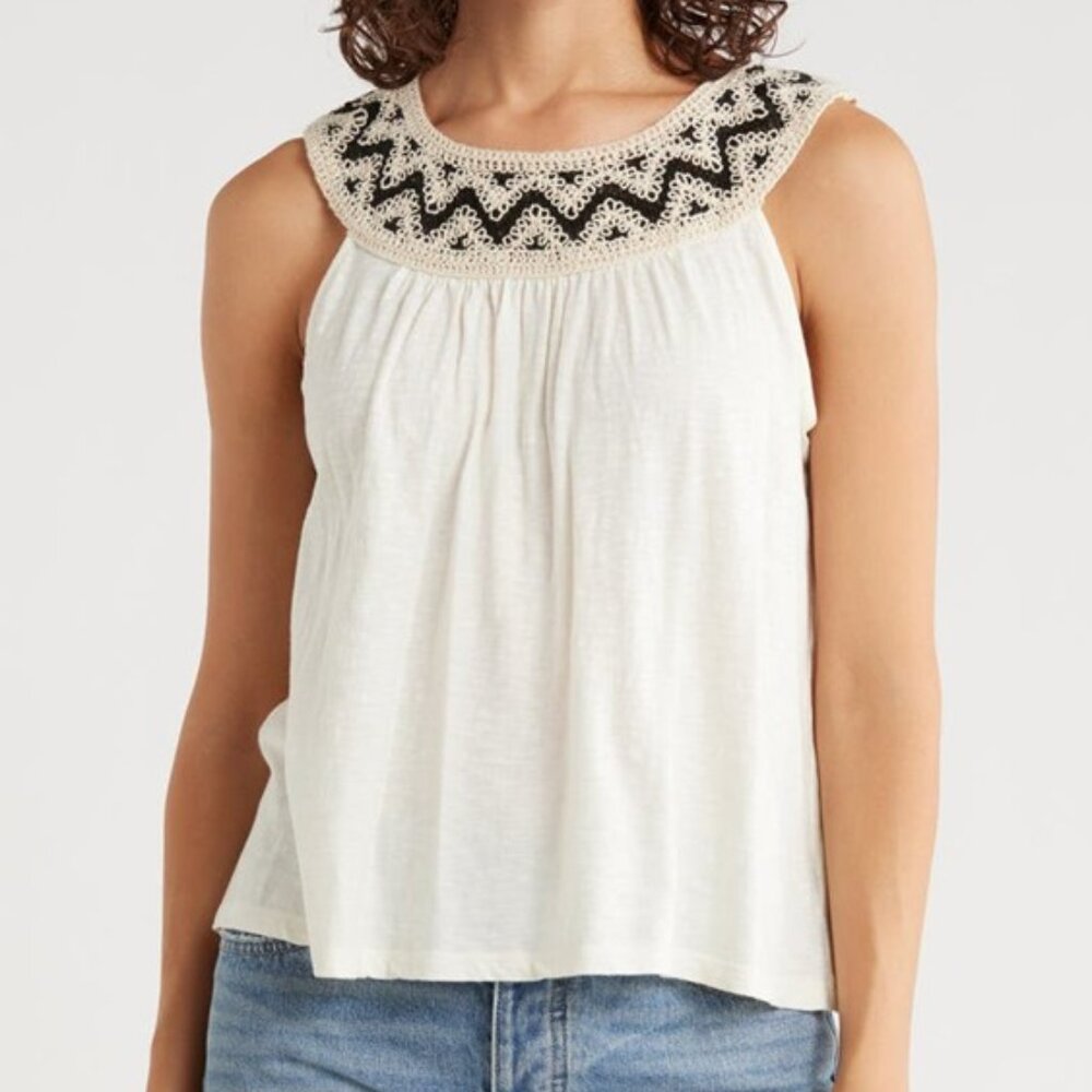 Lucky Brand Embroidered Round Neck Tank Top Ivory Size Small NEW